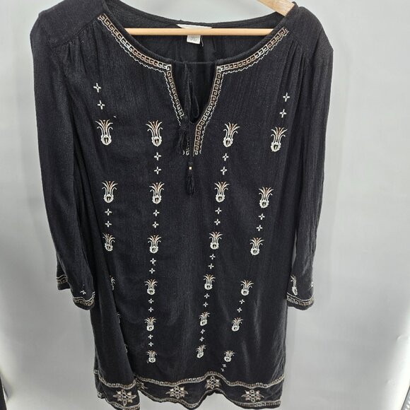 Caslon Black Embroidered Boho Peasant Tassels Tunic Midi Dress Large - Picture 1 of 13